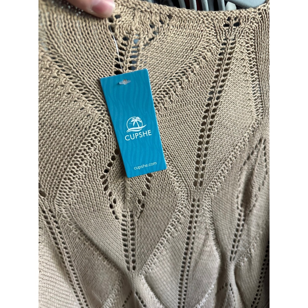 Cupshe Tan Crochet Knit Beach Cover Up Sweater Diamond Pointelle Small NEW - Picture 7 of 7